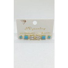 Nd Jewelry Turkuaz Kare Taşlı 6'lı Küpe Seti