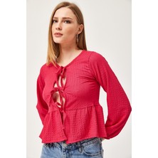 Juuuj Fuşya Pamuklu Esnek Örme Kumaş Bisiklet Yaka Uzun Kollu Bağlama Detaylı Peplum Bluz