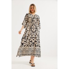 Juuuj Vizon Polyester Kumaş Kruvaze Yaka Midi Kol Rahat Kesim Desenli Uzun Elbise