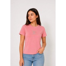 Juuuj Pembe Esnek Dokulu Bisiklet Yaka Kısa Kollu Standart Form Günlük Kullanım Crop Bluz