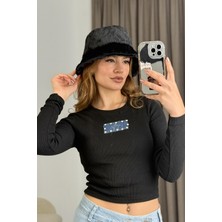 Juuuj Siyah Kaşkorse Uzun Kollu Crop Bisiklet Yaka Kot Üzerine Yıldız Nakış Detaylı Bluz