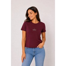 Juuuj Bordo Bisiklet Yaka Kısa Kollu Örme Kumaş Baskı Detaylı Modern Kesim Crop Bluz