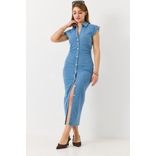 Juuuj Açık Mavi Likralı Esnek Kumaş Gömlek Yaka Dar Kesim Drape Detaylı Düğmeli Denim Elbise