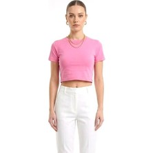 Juuuj Pembe Esnek Örme Kumaş Bisiklet Yaka Kısa Kollu Düz Renk Dar Kesim Crop Bluz