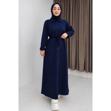 Juuuj Lacivert Dokuma Kumaş Gömlek Yaka Beli Bağlamalı Düz Kesim Basic Tesettür Elbise