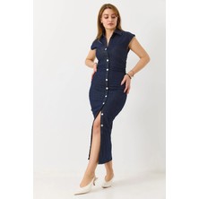 Juuuj Lacivert Likralı Denim Kumaş Gömlek Yaka Dar Kesim Drape Detaylı Önden Düğmeli Midi Boy Elbise