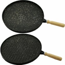 Uravas Store 35 cm Döküm Gözleme Tavası Çift Taraflı Bazlama Izgara Tavası Ahşap Saplı Yapışmaz