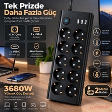 Alpotekno 10'lu Akım Korumalı Çoklu Priz 3680W 16A 2 Metre Kablo 3 Usb-A + 1 Usb-C 750J Surge Korumalı