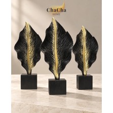 YNSK ChaCha Home 3'lü Dekoratif Yaprak Obje Siyah Altın Polyester Biblo Salon Konsol Ofis Dekoru