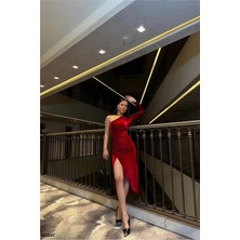 Lior Design Kadın Trend Kadife Kumaş Asimetrik Yaka Yırtmaçlı Midi Abiye Elbise