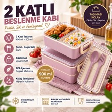 Tasarım Evi 2 Katlı Bölmeli Sefer Tası / Beslenme Kabı (900ML) - Kaşık Çatal Setli, Sızdırmaz ve Bpa Içermez