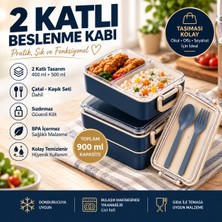 Tasarım Evi 2 Katlı Bölmeli Sefer Tası / Beslenme Kabı (900ML) - Kaşık Çatal Setli, Sızdırmaz ve Bpa Içermez