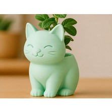 Uravas Store 3D Baskı Sevimli Kedi Saksı - Figürlü Sukulent Saksısı-Mint