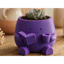Uravas Store 3D Baskı Kitap Okuyan Saksı - Kupa Tutan Sevimli Saksı-Mor