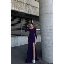 Lior Design Kadın Şık Model Kayık Yaka Taş Detaylı Uzun Kollu Abiye Elbise