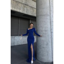 Lior Design Kadın Şık Model Kayık Yaka Taş Detaylı Uzun Kollu Abiye Elbise