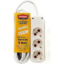 Pileli Store Amiral 3' Lü Topraklı 5 Metre Kablolu Grup Priz