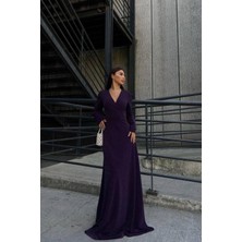 Lior Design Kadın Bohem Krep Kumaş Kruvaze Yaka Yırtmaçlı Maxi Abiye Elbise