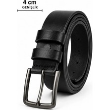 TeknoKapsül Erkek Hakiki Deri 4 cm Klasik Kemer Metal Tokalı Günlük ve Klasik Kullanım - Siyah / 135 cm