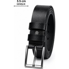 TeknoKapsül Erkek Hakiki Deri 3.5 cm Klasik Kemer Metal Tokalı Günlük ve Klasik Kullanım - Siyah / 105 cm