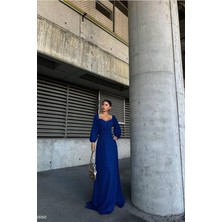 Lior Design Kadın Bohem Saten Kumaş Kare Yaka Maxi Abiye Elbise