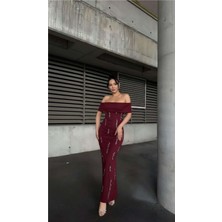 Lior Design Kadın Trend Tasarım Scuba Esnek Kumaş Straplez Taş Detaylı Abiye Elbise