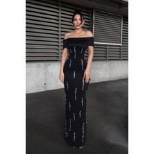 Lior Design Kadın Trend Tasarım Scuba Esnek Kumaş Straplez Taş Detaylı Abiye Elbise
