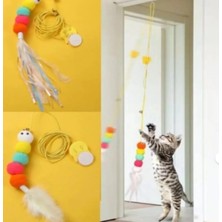 Baron Pet Yapışkanlı Kapı Askılı Kedi Oltası Elastik Ipli Ponpon Tırtıl Tüylü Oyuncak