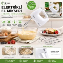 Renas Store Kiwi KMX-3608 Elektrikli El Mikseri 2pcs Metal Çırpma Aparatı - 2pcs Hamur Kancası 5 Kademe Hız Çırpıcı Çıkartma Düğmeli