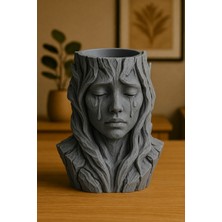 Renas Store 3D Baskı Ağlayan Kadın Büst Saksı - Sanatsal Dekoratif Saksı - Gri