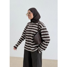 Moda Aksa 5138 Polo Yaka Cizgili Bluz Kahverengi