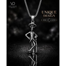 Voyage Accessory Paslanmaz Çelik Gotik Still Şapkalı Iskelet Kolye Bastonlu Kuru Kafa Kolye