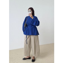 Moda Aksa 09 Yandan Yırtmaçlı Bluz Saks Mavi