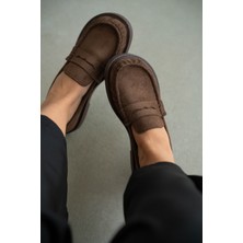 Selin Shoes Livo Kalın ve Düz Taban Klasik Kadın Ayakkabı- Kahve Süet