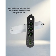 Dolozena Anahtarlı USB Girişli Üçlü Priz 2 Metre Akım Koruma