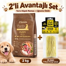 Fitmin Dog Purity Rice Puppy Kuzu ve Somonlu Yavru Köpek Maması 2 kg + Delibon S Beyaz 20'li Burgu Çubuk