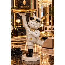 Mobee Beyaz Gözlüklü Garson Bulldog Köpek Figürlü Altın Tepsili Sunumluk 30X26,5 cm 7-7