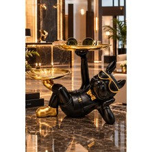 Mobee Siyah Gözlüklü Bulldog Köpek Figürlü Altın Ikili Tepsili Sunumluk 30X19 cm 7-1-B