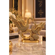 Mobee Altın Taşlı Kalpli Çift Kuğu Figürü Dekoratif Biblo Masaüstü Aşk Objesi 18X18 cm 1-17