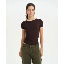 Ayma Active Kahverengi Kadın EcoVero™ Viskoz Bisiklet Yakalı Kısa Kollu Kontrast Biyeli T-Shirt