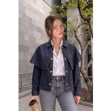 Kadın Yeni Sezon Lacivert, Seyyar Tak Çıkart Pelerinli Denim Kot Ceket