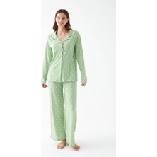 Çamaşır Kenti Kadın Yeşil Kalp Desenli Düğmeli Pamuklu Pijama Takımı