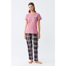 Çamaşır Kenti Kadın Somon Ayıcık Baskılı Ekoseli Penye Pijama Takımı