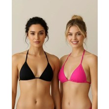 Çamaşır Kenti Siyah ve Fuşya Detaylı Üçgen Bikini Üstü Bağlamalı Kadın Mayo Üstü 2'li