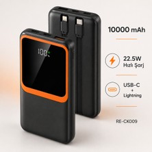 Piyatech 10000 Mah 22.5W Hızlı Şarj Powerbank Dahili Type-C ve Lightning Kablolu Dijital Göstergeli- RE-CK009