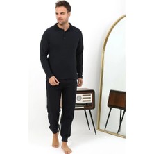 Çamaşır Kenti Erkek Polo Yaka Uzun Kol Penye Pijama Takımı Lacivert