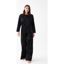Çamaşır Kenti Kadın Oversize Siyah Çiçek Desenli Pamuklu Kalın Pijama Takımı
