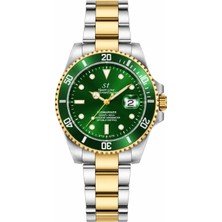 Aybars Erkek Kol Saati Çift Renk Çelik Kordon Yeşil Kadran Takvimli Quartz Analog Bilek Saati