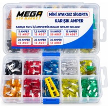 Mega Oto Market 100’LÜ Mini Ayaksız Bıçak Sigorta Seti 5A–30A Karışık Amper Bölmeli Kutu
