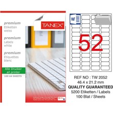 4 Adet Tanex TW-2052 Beyaz Etiket 46.4 mm x 21.1 mm